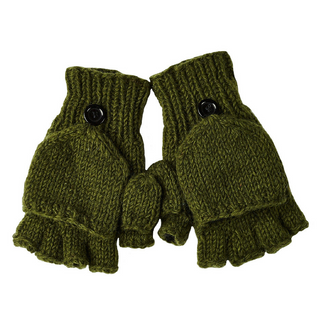 Introducing the Fingerless Gloves With Button Flap and Fleece Lining: a pair of green, knitted convertible wool gloves. These gloves feature convenient buttons to secure the mitten flaps in place, providing the option to cover your fingers for added warmth on chilly winter days.