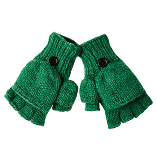 A pair of green Fingerless Gloves With Button Flap and Fleece Lining, featuring mitten flaps secured by black buttons. These winter gloves boast ribbed cuffs and a cozy fleece lining, laid flat on a white background.