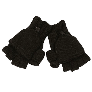 A pair of Fingerless Gloves With Button Flap and Fleece Lining. These black knit gloves are convertible with a buttoned flip cover for the fingers. Crafted from soft woolen material, they feature a cozy fleece lining and are folded in a symmetrical arrangement.