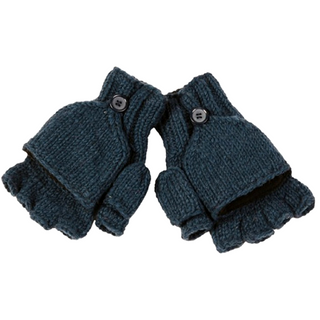 Introducing the Fingerless Gloves With Button Flap and Fleece Lining: a stylish pair of dark-colored, knit fabric gloves. They feature a cozy fleece lining and a fold-over flap that easily converts them into mittens, secured with buttons.