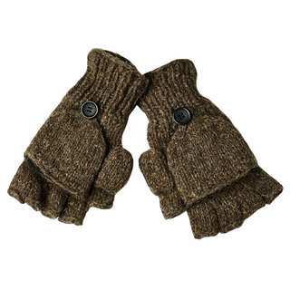 These Fingerless Gloves With Button Flap and Fleece Lining come in a brown wool fabric, sporting a textured knit pattern and a cozy fleece interior. Each glove is equipped with a convenient button on the back that secures the mitten flap when not in use, enabling the wearer to effortlessly switch between winter gloves and full mittens.