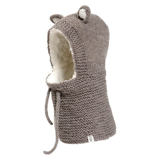A handmade grey knitted Teddy Hood with ears.