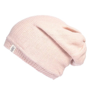 A pink Dekalb Slouch knit beanie on a white background.