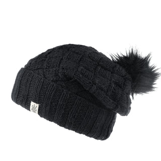 A handmade black Hope Slouch with a fur pom pom.