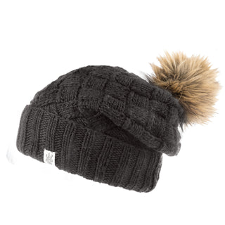 A black Hope Slouch beanie with a fur pom.