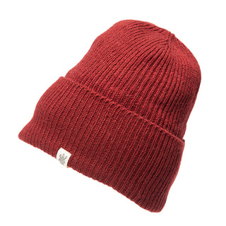 A red Troubadour Rib Fold Beanie on a white background.