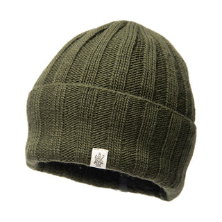 A Ribbed Beanie in olive green.