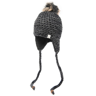 Introducing the Chunky Knit Earflap Hat, an aviator-style Merino wool hat in dark gray, complete with cozy ear flaps, long braided ties, and a faux fur pom-pom on top.