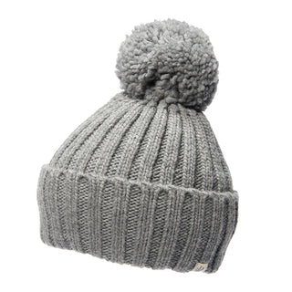 A handmade Park Fold Rib Pom Beanie in grey merino wool.