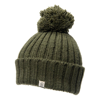 A Park Fold Rib Pom Beanie in green merino wool with a pom pom.
