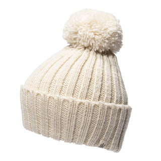 A handmade white Park Fold Rib Pom Beanie.