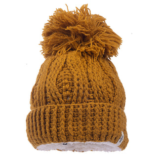 The Big Pom Rib Fold Hat, in a vibrant mustard yellow, is meticulously handcrafted in Nepal using 100% merino wool. This hat features an eye-catching large pom-pom on top and showcases a stylish ribbed design with a folded brim. For extra warmth, the interior is lined with cozy white faux fur. A small tag is stitched onto one side of the brim for added detail.