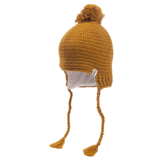 Introducing the Verona Earflap Hat: a handmade Nepal accessory in mustard yellow, featuring knitted winter craftsmanship with cozy wool earflaps and braided tassels. This stylish hat is adorned with a playful pom-pom on top and offers additional warmth with its sherpa lining.