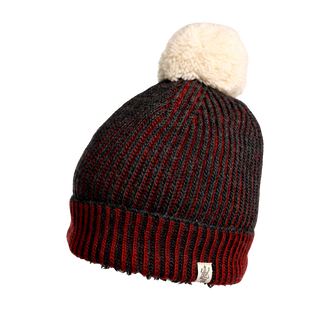 Presenting the Allen Pom Hat—a winter beanie made from premium Merino Wool. This stylish hat features a red and black striped design, a white pom-pom on top, and a small logo tag on the cuff. It is attractively displayed against a simple, black background.