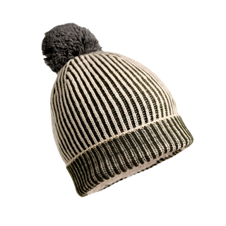 The Allen Pom Hat is a cozy, knitted beanie made from soft Merino Wool, featuring an eye-catching black and white striped pattern and a large dark gray pom-pom on top. It includes a stretchy ribbed brim for added comfort. The hat is displayed against a white background in the photograph.