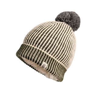 The Allen Pom Hat is a winter beanie made from Merino wool, featuring vertical stripes in alternating green and white, topped with a grey pom-pom. A small fabric label on the edge showcases a decorative symbol.