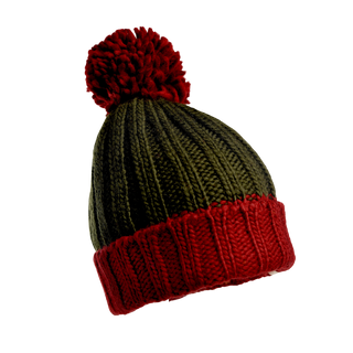 The Cherry Pom Hat features vertical green and black stripes with a red cuff at the bottom. Made from merino wool and topped with a large red pompom, it's the perfect winter accessory. The hat is displayed against a solid black background.