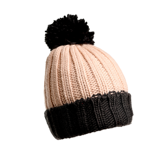The Cherry Pom Hat is a winter accessory with a knitted beanie design featuring a striking large black pom-pom on top. Crafted from soft merino wool, it boasts a light beige body and a thick black ribbed band around the base. The vertical knit pattern and visible ribbing provide a cozy texture, while the fluffy pom-pom adds an element of stylish contrast.