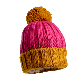 The Cherry Pom Hat is a cheerful winter accessory with a bright yellow brim and pom-pom, made from luxurious merino wool. The remainder of this snug hat showcases a lovely pink hue.