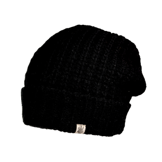 The Franklin Hat, a black knit beanie crafted from 100% wool and perfect for your winter wardrobe, is pictured against a plain black background. Featuring a ribbed texture, a folded brim, and a small light-colored tag displaying an emblem, this piece adds both style and warmth to any outfit.