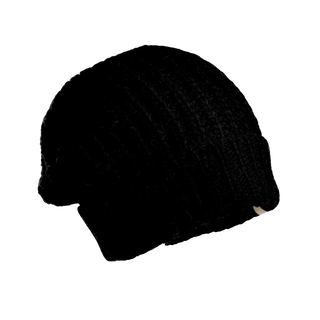 A Franklin Hat, crafted from 100% wool in black, set against a black background. The texture of the knit pattern stands out, and the shape of the hat is rounded to fit snugly over the head. Due to the dark backdrop, only part of this essential winter wardrobe piece can be seen.
