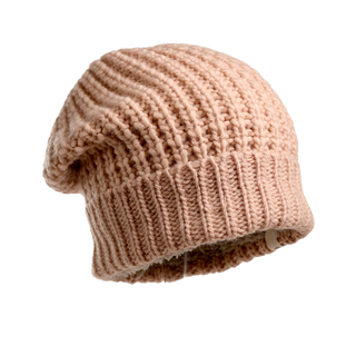 The Franklin Hat is a stylish, beige knitted beanie featuring a ribbed texture, making it an ideal addition to your winter wardrobe. Made entirely of 100% wool, this soft hat has a gentle slouch at the back and is beautifully showcased against a white background.