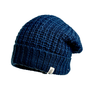 The Franklin Hat is a blue knitted beanie with a slightly slouched design, making it an ideal addition to your winter wardrobe. Crafted from 100% wool, it includes a folded brim and a small white logo tag on the edge. The visible knit pattern enhances its textured appearance.