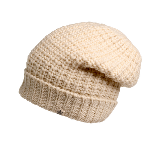 The Franklin Hat, a knitted beige accessory made from 100% wool, features a textured pattern and a folded brim with a small tag. This essential addition to your winter wardrobe is displayed against a plain black background.