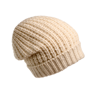 This image showcases the Franklin Hat, a cream-colored, knitted beanie made from 100% wool. Its ribbed texture lends it a thick, cozy appearance perfect for enhancing your winter wardrobe. The beanie is set against a plain black background.