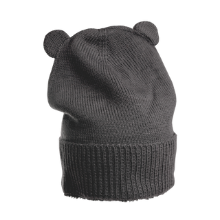 The Bear Cub Ears Hat is a dark gray, Merino wool knit hat adorned with two small round bear cub ears on top and a folded cuff at the bottom. Displayed against a plain white background, it makes for a charming winter accessory.