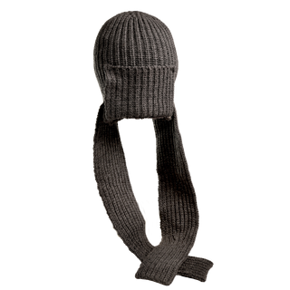 The Pelham Hat is a dark gray, ribbed knit hat made of luxurious merino wool, distinguished by its long scarf-like extensions hanging from each side. This hand-knit accessory from Nepal is showcased on a plain white background.