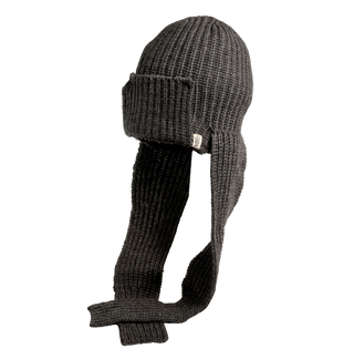 The Pelham Hat, expertly hand-knit in Nepal, is a stunning dark gray creation made from premium merino wool. It features a sophisticated ribbed texture and a discreet label on the front, along with an extended section that can double as a scarf, achieving the perfect balance of elegance and utility.