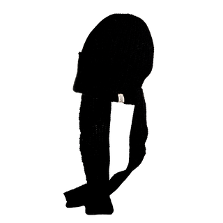 A folded black Pelham Hat, made of textured and thick merino wool, with a small white tag on the side.