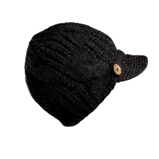 The Broadway Hat is a black cable knit hat featuring a short brim and a single brown button detail on the side. It has a textured pattern and appears to be made of wool or a similar material, making it an ideal winter essential. The background is solid black.