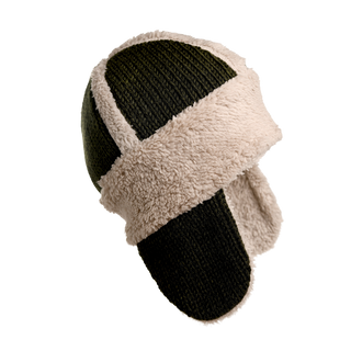 The Arthur Hat is a black knit winter hat with a beige Sherpa fleece lining, designed to cover the ears and back of the head. This hat exudes a warm and cozy appearance, making it perfect for cold weather.