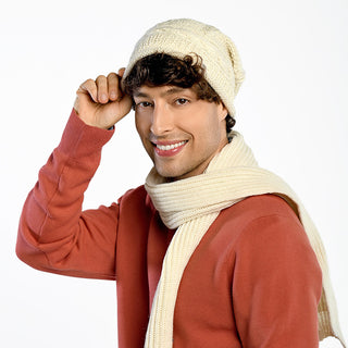 A man wearing the Gateway Hat, featuring cozy faux fur lining and handmade in Nepal.