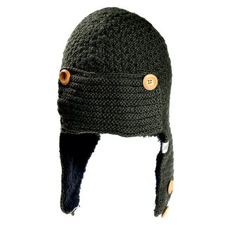 The Elk Hat is a dark green knitted hat with ear flaps, wooden buttons on the sides and front for a medieval helmet look, and a soft black inner lining.