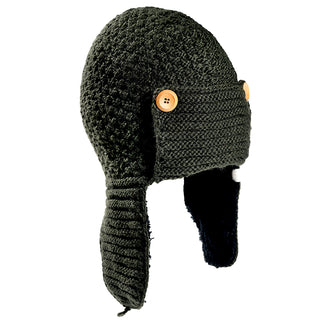 The Elk Hat is a knitted dark green winter hat featuring ear flaps and two brown buttons on the front, shown on a white background.