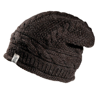 The Gateway Hat is a dark brown cable-knit beanie with a ribbed brim and a small white tag on the edge, shown against a white background.