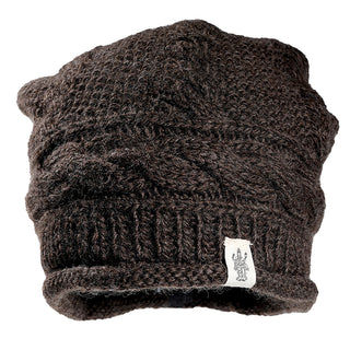 The Gateway Hat is a dark brown knitted beanie with a cable pattern and a small white logo tag on the ribbed brim, photographed against a plain white background.