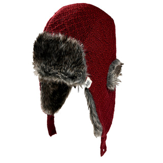 The Fern Hat is a red knit trapper hat with gray faux fur on the ear flaps, brim, and edges, shown against a white background.