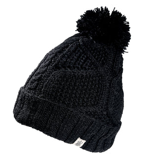 A black Cedar Hat featuring a knit design with a pom.