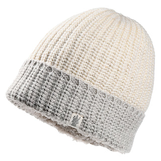 The Cliff Hat is a knitted beanie with a ribbed texture, featuring an off-white crown and a light gray folded brim, shown at an angle to highlight the side with a small fabric tag on the brim.