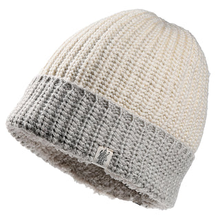 The Cliff Hat is a knitted beanie with a cream top and light gray folded brim, featuring a small logo tag on the brim. It is displayed on a white background.