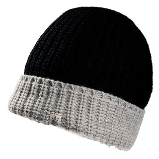 The Cliff Hat is a knitted beanie featuring a black crown and a thick, light gray folded brim. A small fabric tag with the logo is on the front of the brim. The beanie is shown against a white background.