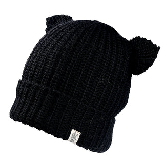 The Charlie Hat is a black knitted beanie featuring two small pointed ear shapes on top and a folded brim with a logo fabric tag, shown on a white background.