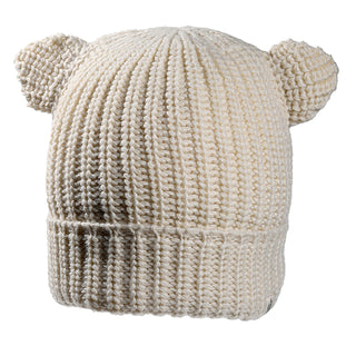The Charlie Hat is a cream-colored knitted hat featuring a ribbed pattern and two rounded bear-like ears on top.