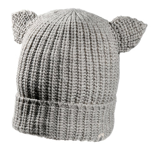 The Charlie Hat is a gray knitted beanie featuring two pointed, animal ear-like shapes on top, a ribbed folded brim, and a textured knit pattern.