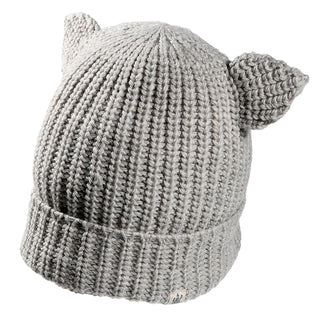 The Charlie Hat is a gray ribbed knit beanie with a folded brim and two pointed, ear-like shapes on top.