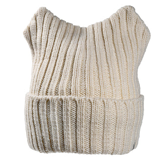 The Ely Hat is a cream ribbed knit beanie with two pointed, cat ear-like corners on top and a folded bottom.